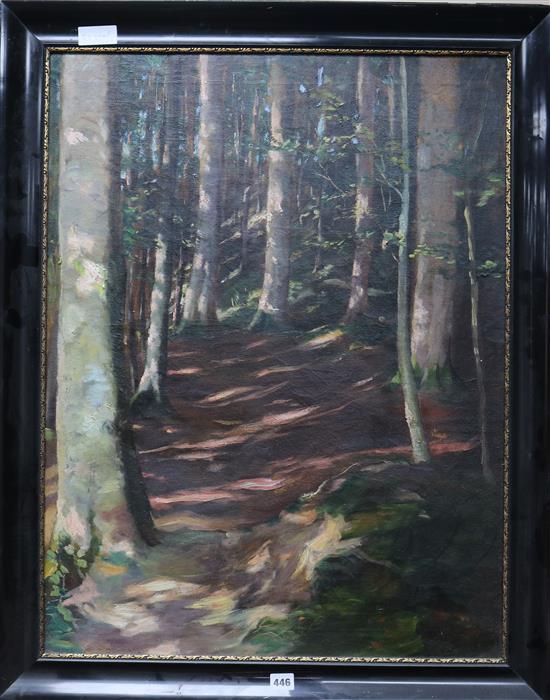 Attributed to Lynton Lamb (1907-1977) woodland scene, signed on the back, Lamb, dated 51